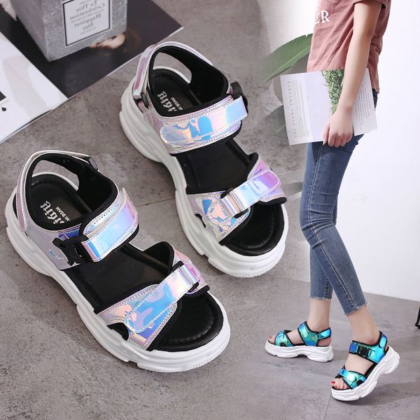 dress shoes summer platform sandals leather open-toe casual female laser colorful increased light women's cool college style, Black